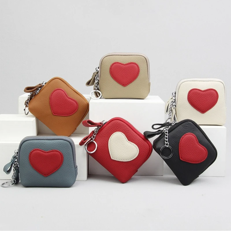 Ladies Genuine Leather Zipper Coin Purse Cute Heart Splicing Design Mini Wallet for Coins and Credit Cards Fashion Small Wallet
