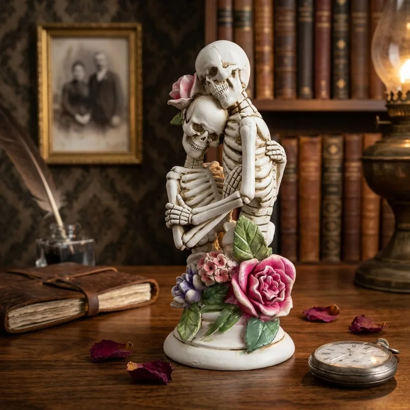 Cross-border new product resin skull couple ornaments eternal flower skeleton lover statue Halloween