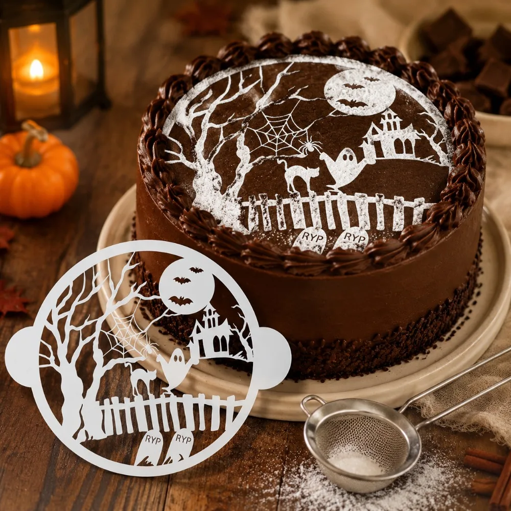 1Pc Halloween Ghost Bat Tree Tombstone Cat Cake Stencil PET Food Grade Decor Template For Wedding Birthday Party Cookie Fondant