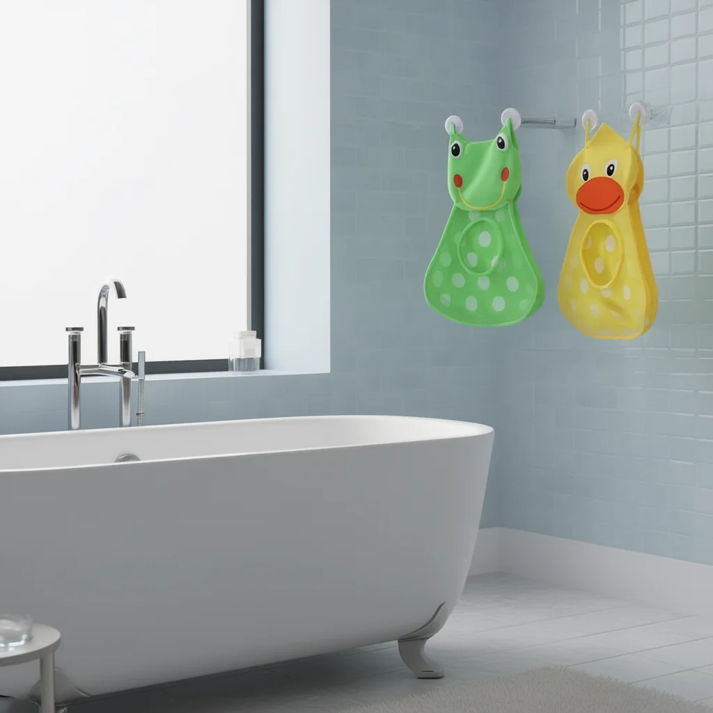 

Kids Bathroom Hanging Organizer – Cute Cartoon Storage Bag for Bath Toys & Toiletries, Breathable Mesh Design