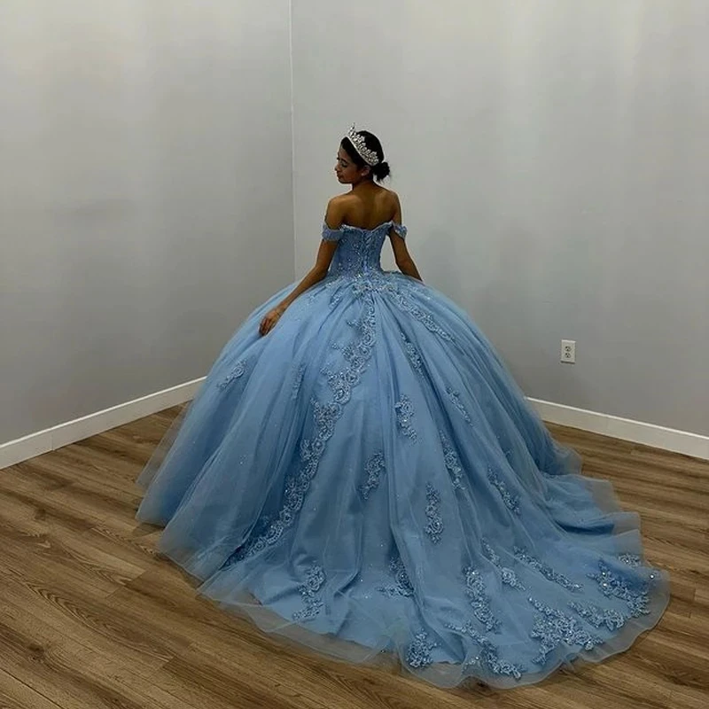 ANGELSBRIDEP Sky Blue Tulle Ball Gown Quinceanera Dresses Sweetheart Appliques Birthday Party Mexican Girls Vestidos De 15 años