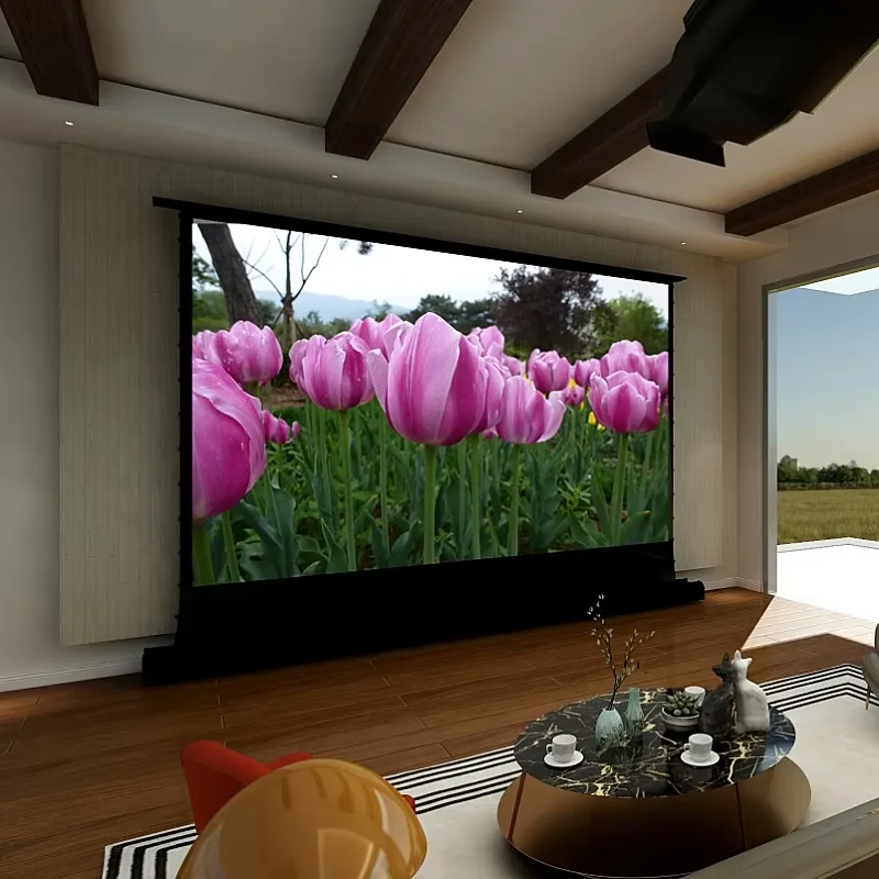 Écran de projection motorisé électrique autoportant sur le sol, prêt sur 3D actif 4K 16:9, matériau blanc UHD Cinema