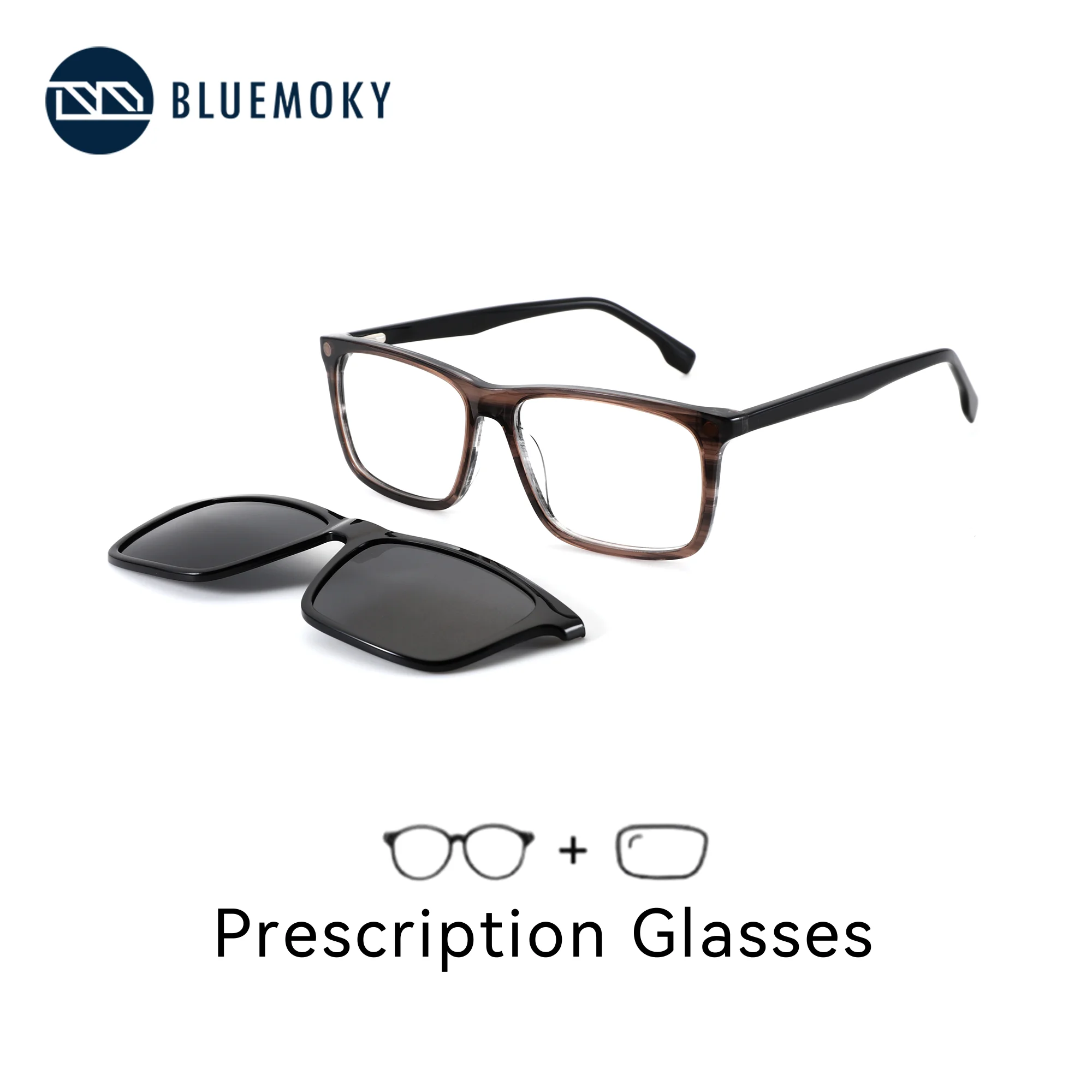 BLUEMOKY Men's Acetate Rectangle Magnetic Clip On Polarized Prescription Eyeglasses Blue Light Progressive Multifocal Glasses