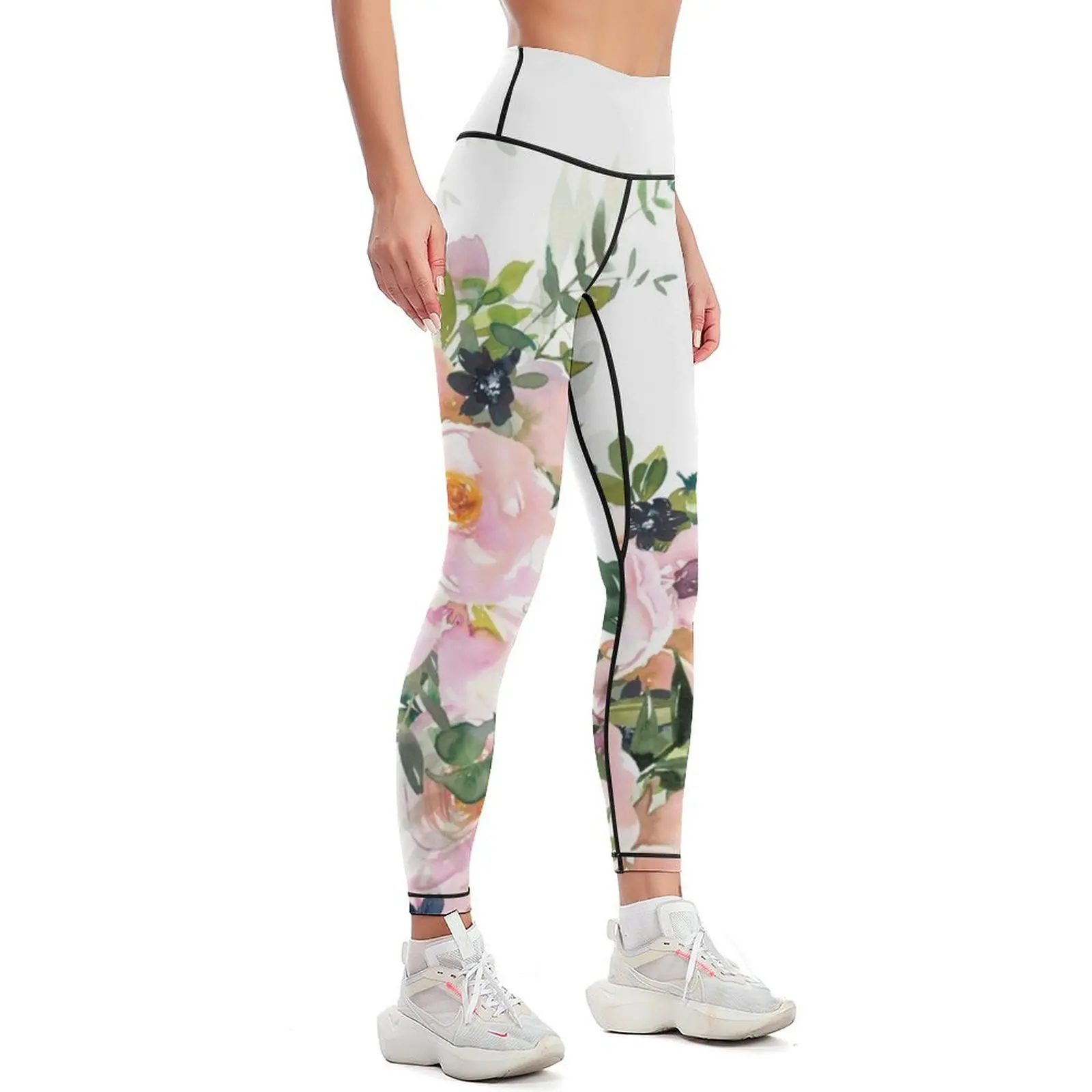 Boho, Floral Watercolor Roses, Pink, White and Green Leggings workout shorts Clothing fitness sports for gym Womens Leggings