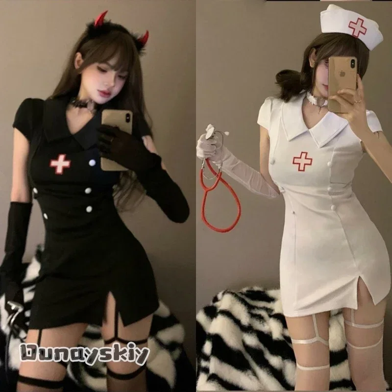 

Темный дьявол, карнавальный костюм на Хэллоуин, сексуальный комплект униформы медсестры дьявола, черно-белые женские платья для Хэллоуина, костюмы для ролевых игр