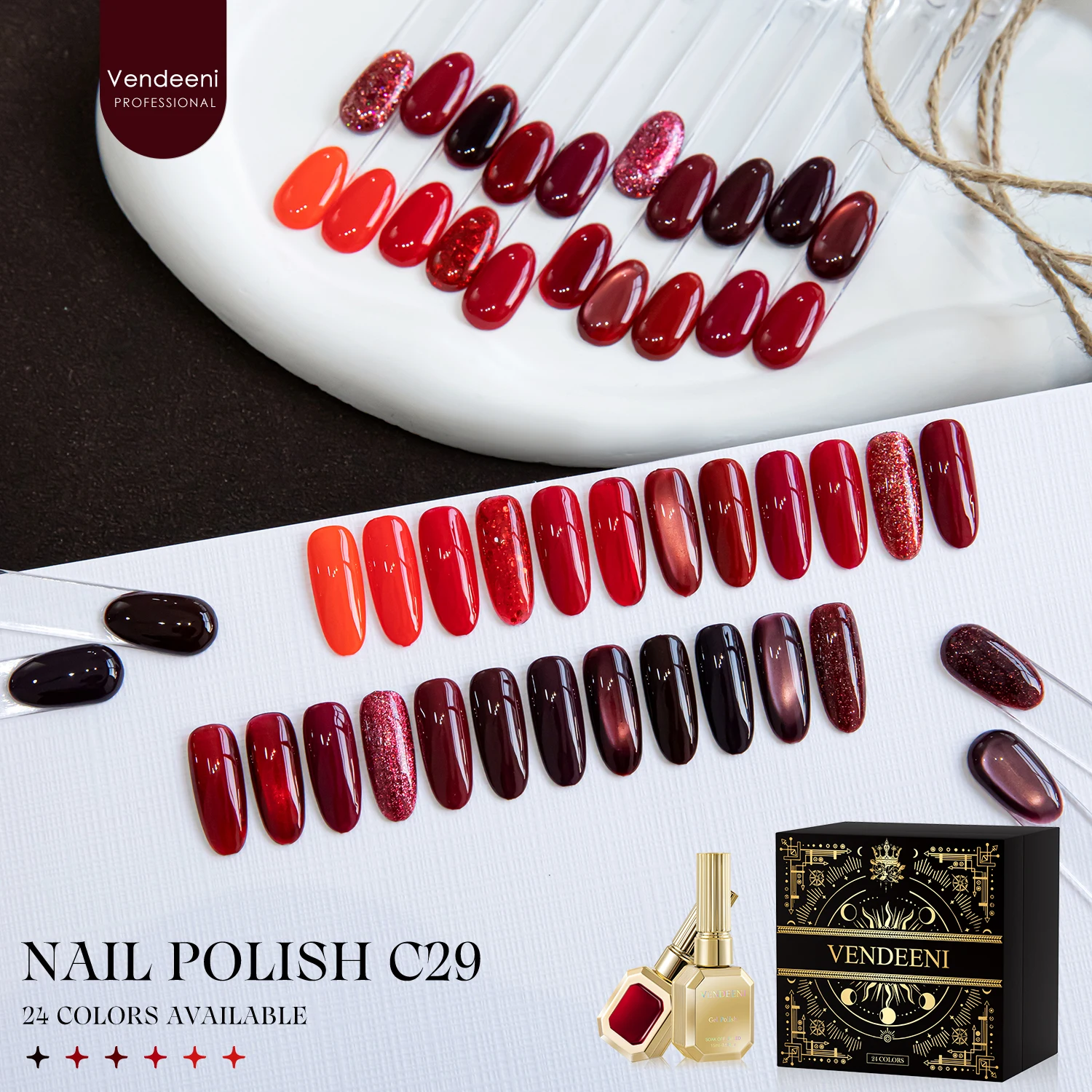 Vendeeni 24 Colors/Set Red Mixed Gel Nail Polish Ruby Pure Color Glitter Sequin Gel Magnetic UV Cat Eye Gel Varnish With Display