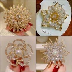 Luxury Oversized Multi-layer Cubic Zirconia Snowflake Brooches for Women Freshwater Pearl Camellia Corsage Suit Accessories Pin