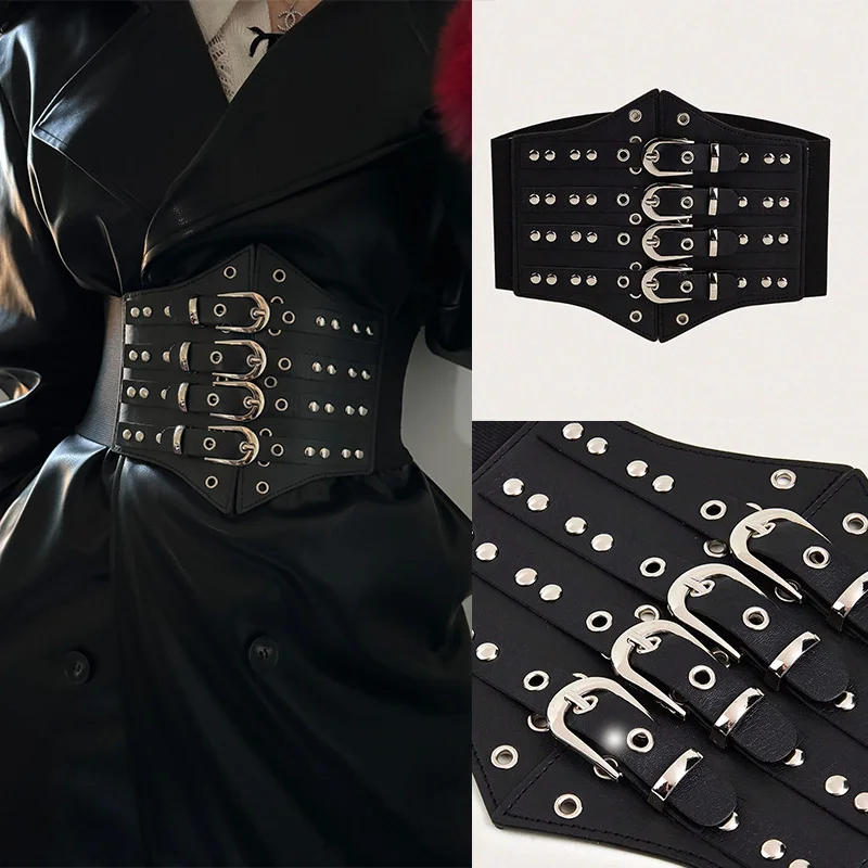 Plus Size Black Leather Wide Punk Elastic Corset Belt Female Stretch Cummerbunds Designer Belts For Women Gothic Rivet Waistband