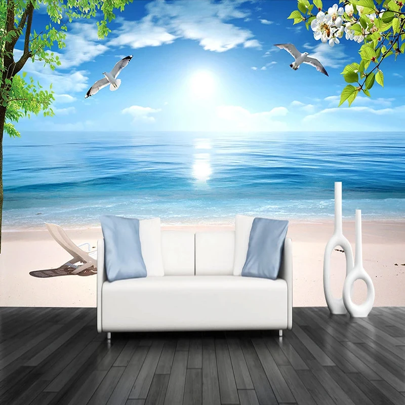 Custom 3D Photo Wallpaper Blue Beach Nature Landscape Large Mural Restaurant Living Room Waterproof Canvas Wallpaper Painting