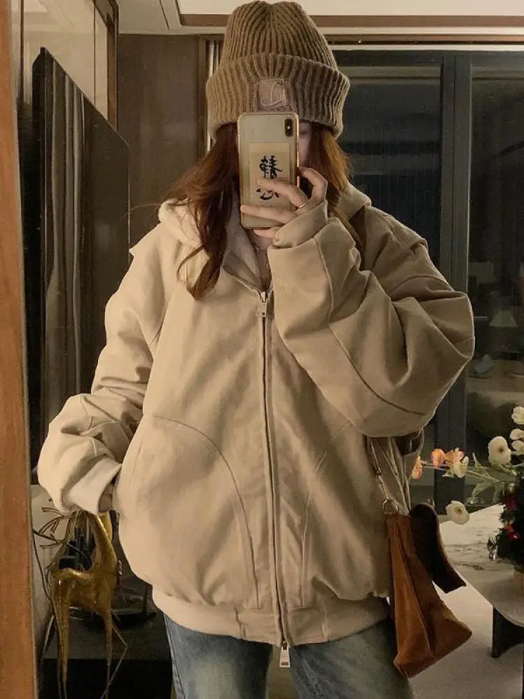 

2024 Winter New Loose-fit Lamb Jacket Women's Fleece-lined And Thickened Zippers Hooded Cotton Coat Female Padded Jackets