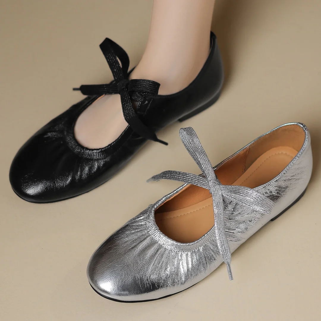 Women's sheepskin lace-up pleated slip-on ballerinas round toe leisure female high quality soft comfortable ballet flats shoes