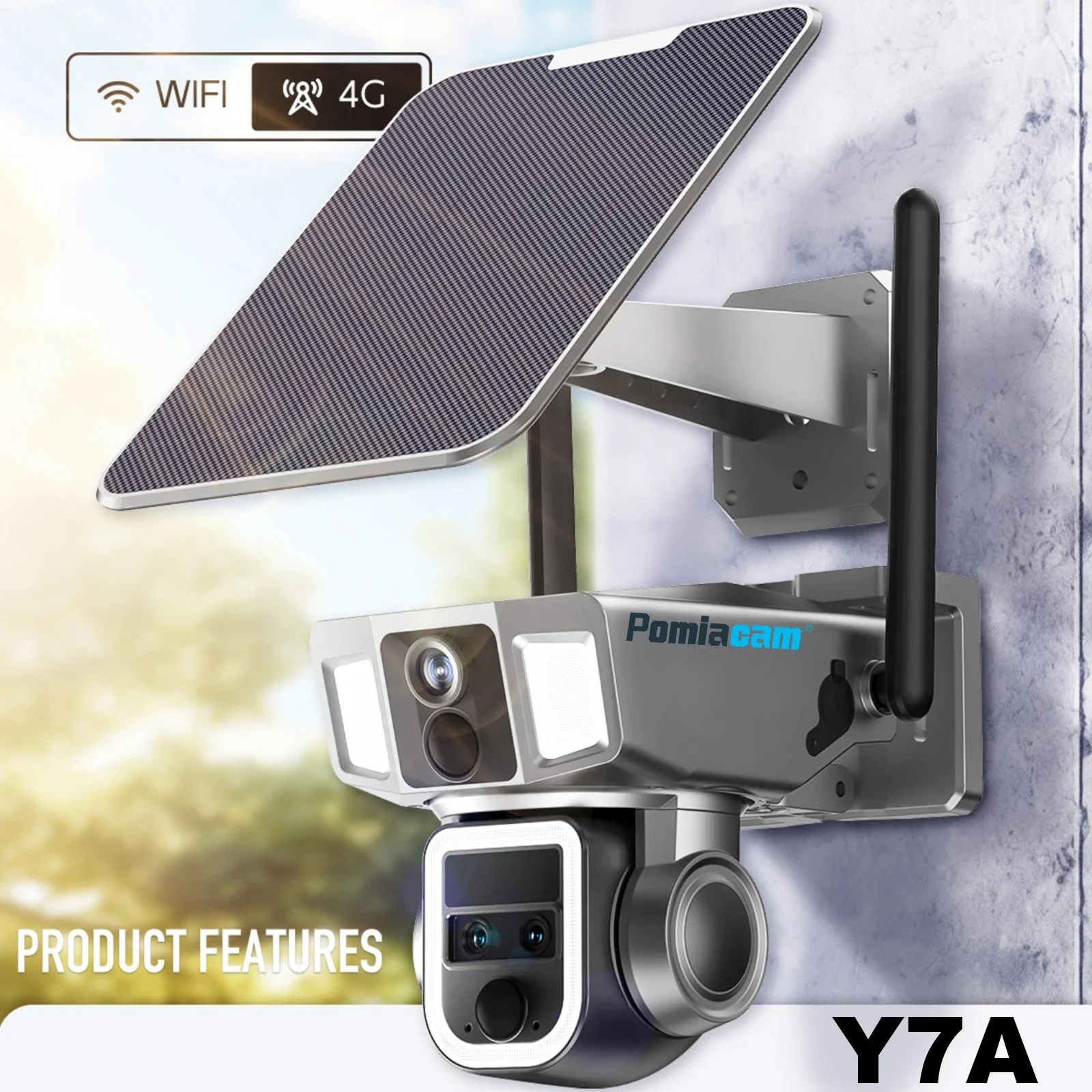 Solar Camera 4G/WIFI Dual Network 2K 4MP Night Vision Solar Panel Power & Built-in 12000 MAh Battery 10X Optical Zoom Y7A