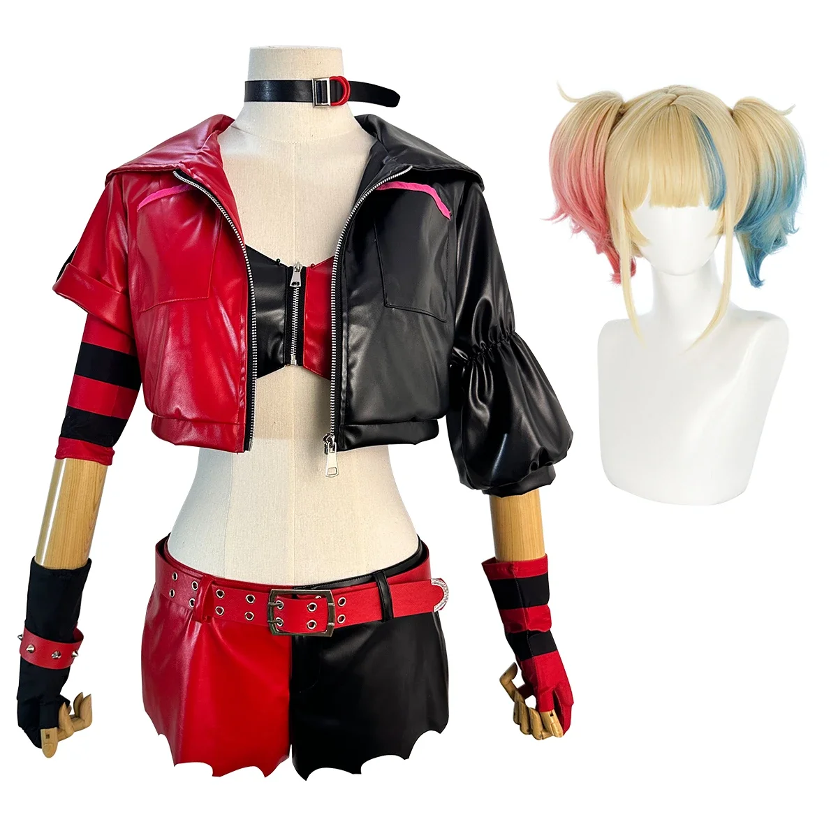 

Cosplay Suicide Anime Quinn Cosplay Costume Wig Faux Leather Jacket With Hats Shorts Bra Choker Gloves Belt Daily Wear Halloween