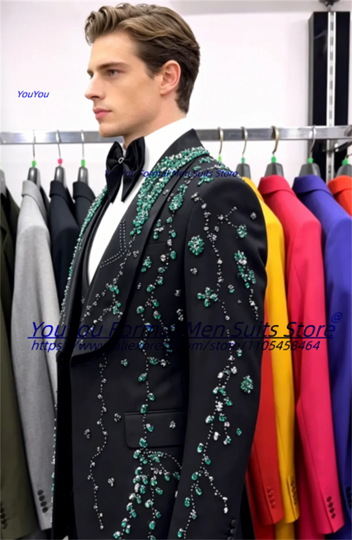 

Luxurious Sparkling Diamond Crystal Groom Wedding Tuxedos Customzied Slim Fit Shawl Lapel Men Suits 2 Pcs Sets Male Prom Blazers