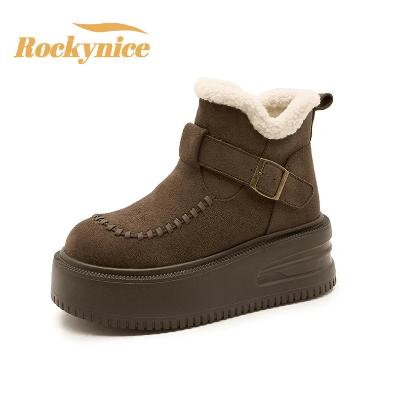 Women Fur Ankle Boots Flats Platform Cotton Shoes Suede Leather Winter 2025 Fashion Trend Casual Walking Snow Boots Woman 6.5CM