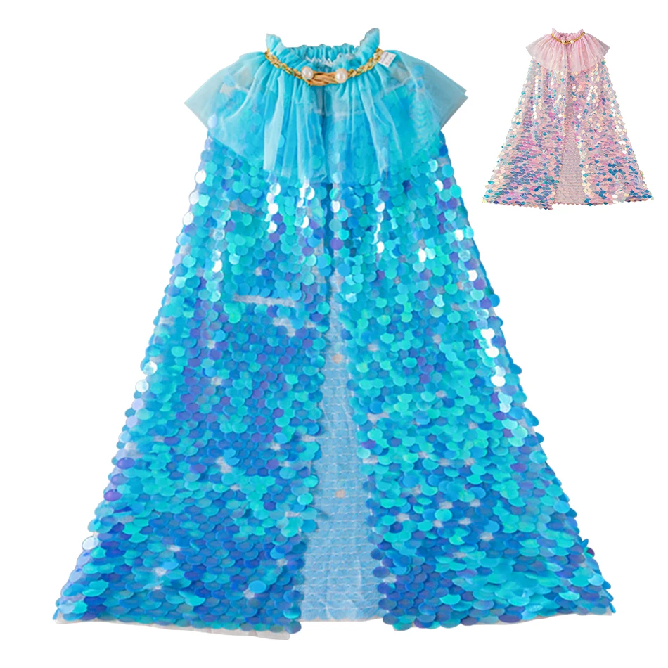 Girls Princess Cloak Shiny Sequin Cape Costume Accessory for Birthday Party Halloween Cosplay Kids Dress Up Shawl Fancy Wrap