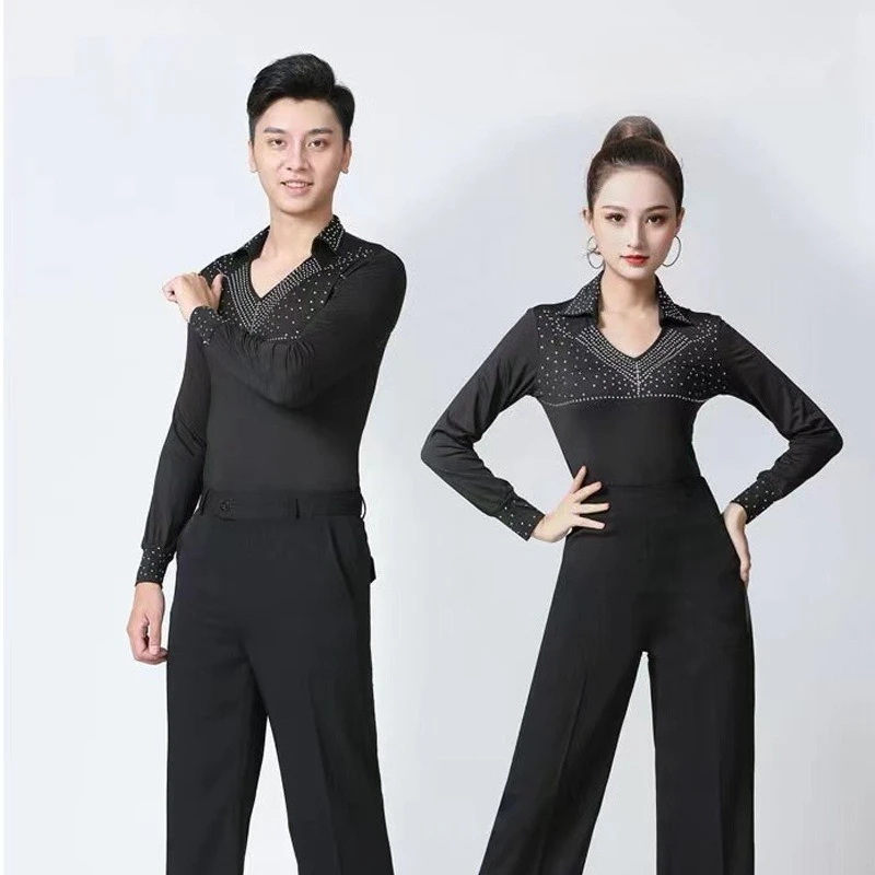 

Мужские и женские рубашки для латинских танцев, стразы, металлический топ, одежда для выступлений, одежда для бальных танцев, чача, одежда для латинских танцев