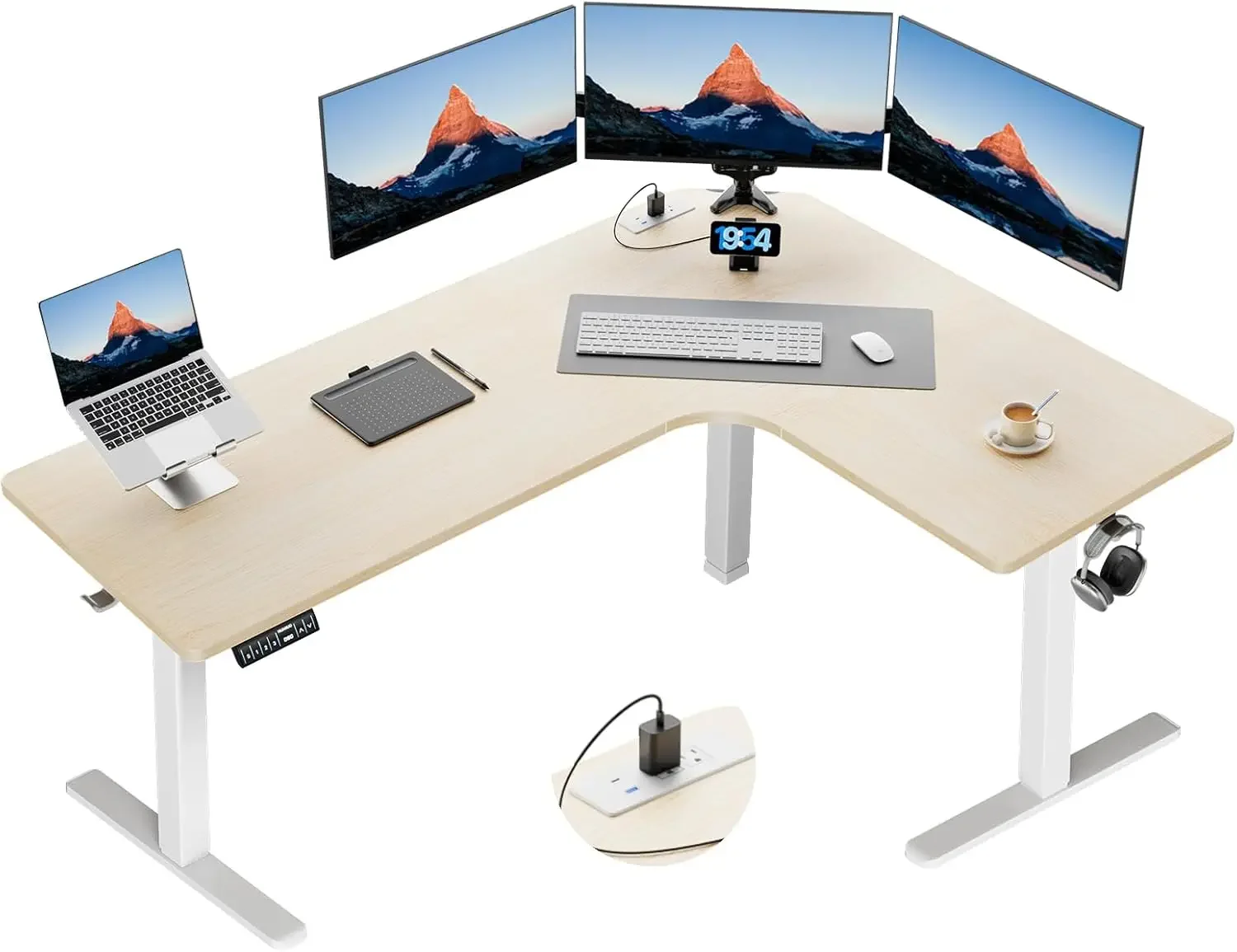 63″ Dual Motor L-Shaped Standing Desk, Built-in Power Outlets, Electric Height Adjustable Corner Computer Desk