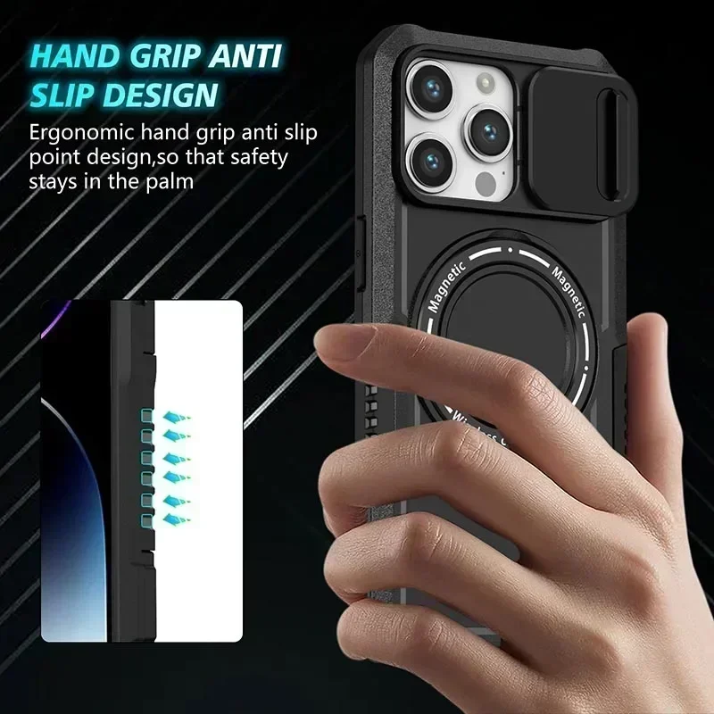 Suporte de armadura tampa deslizante completa capa de telefone para iphone 15 14 13 12 11 pro max plus magsafe carga sem fio capa magnética
