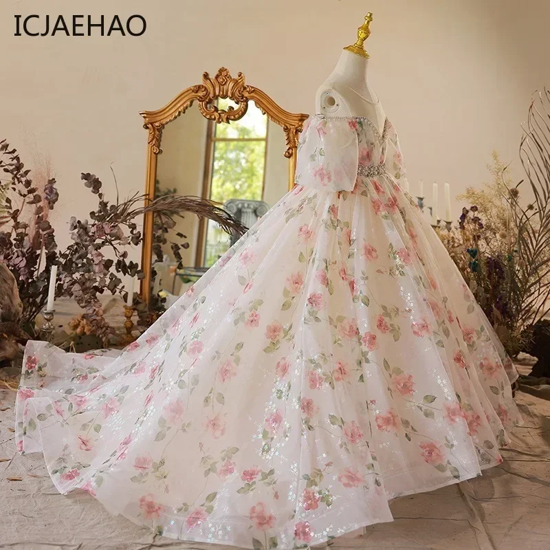

FlowerOutfit For Wedding Party Formal Ball Gown Prom Vintage Children Evening Bridesmade Kids Girl Floral Long Dress