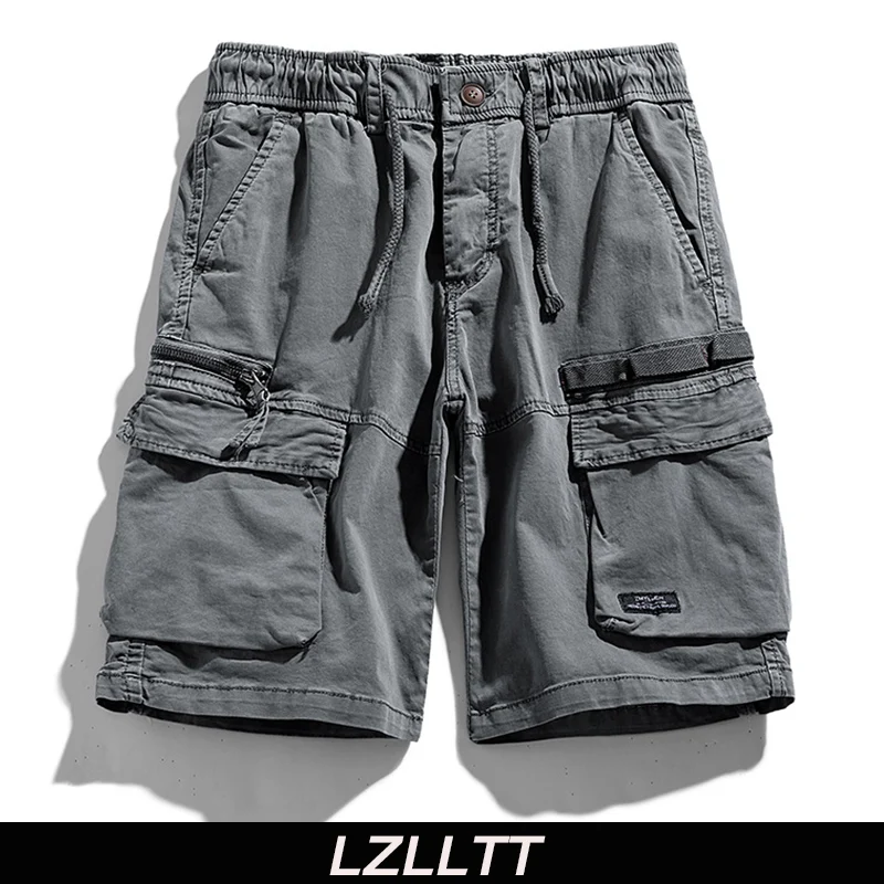 Summer Men Cargo Multi Pocket Cotton Shorts Mens Casual Solid Elastic Waist Shorts Spring Jogger Shorts Pants Male Dropshipping