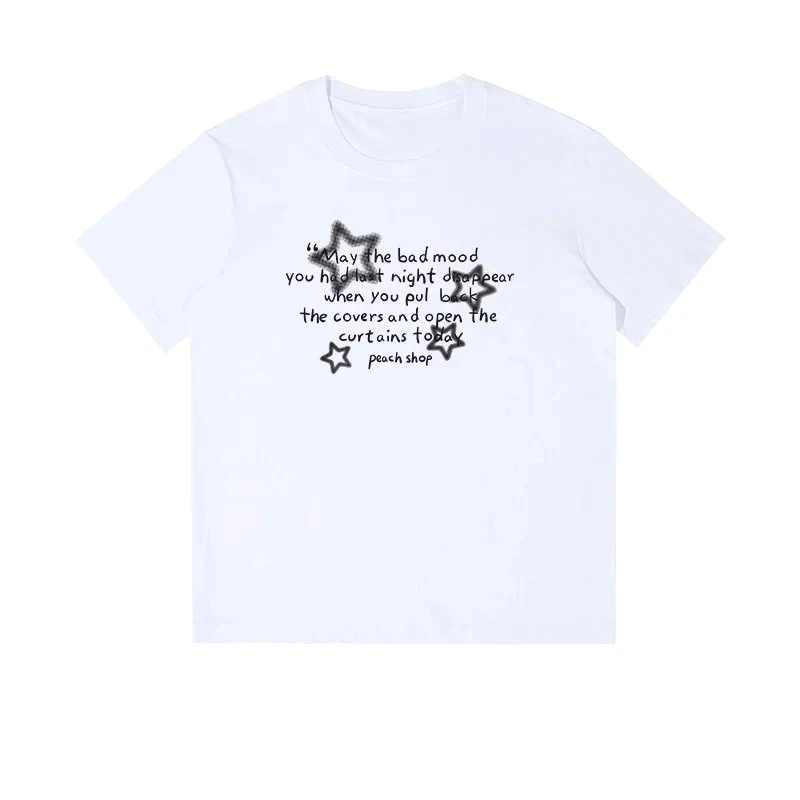 T-shirt minimaliste à manches courtes avec imprimé étoiles pour femmes et hommes, blanc, décontracté, style coréen, col rond polyvalent, hauts simples Y2k