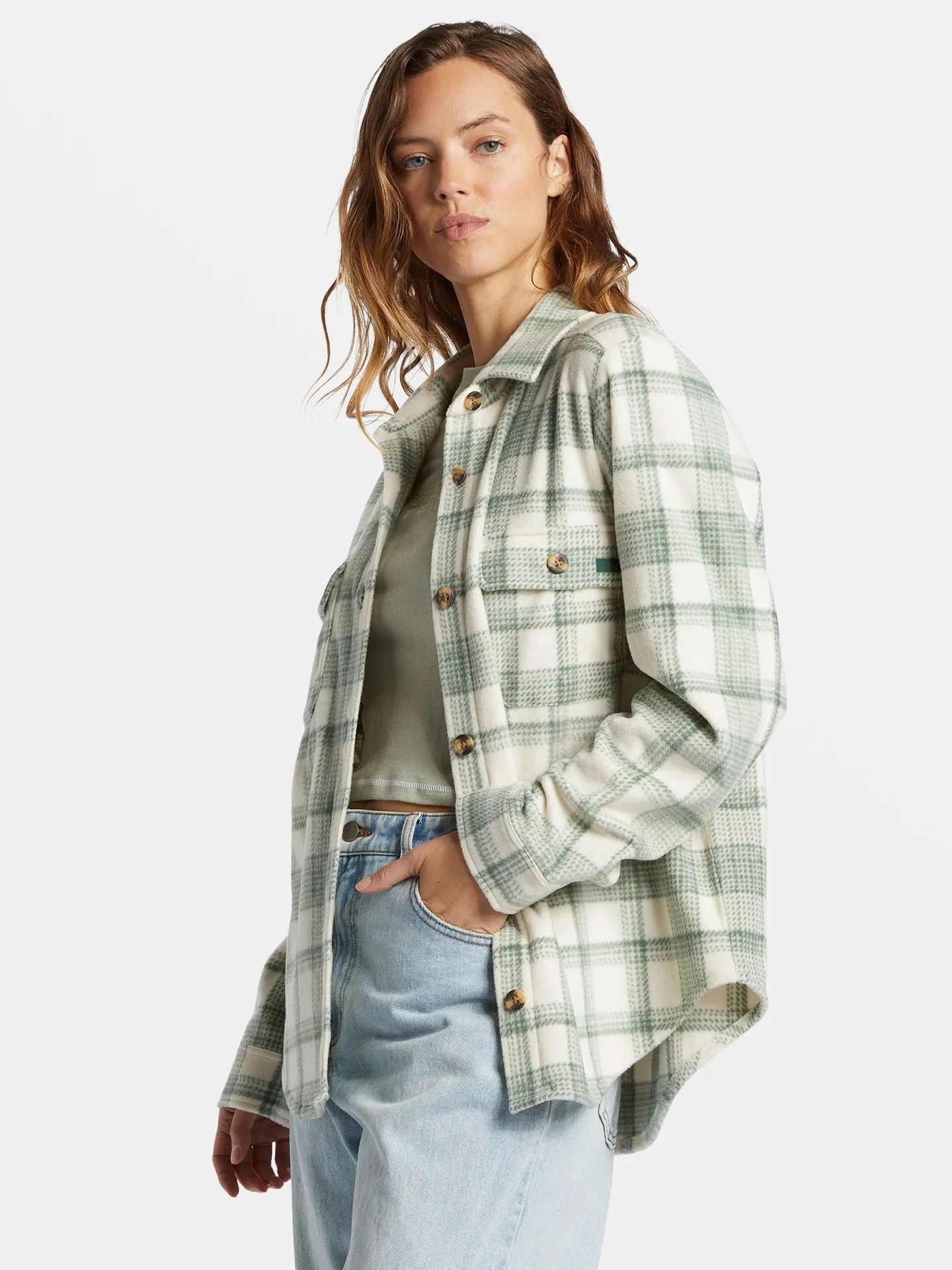 

Casual Plaid Fleece Lined Flannel Workwear Shirt Style Jacket Green And White Patchwork Street Style Thickened Long...