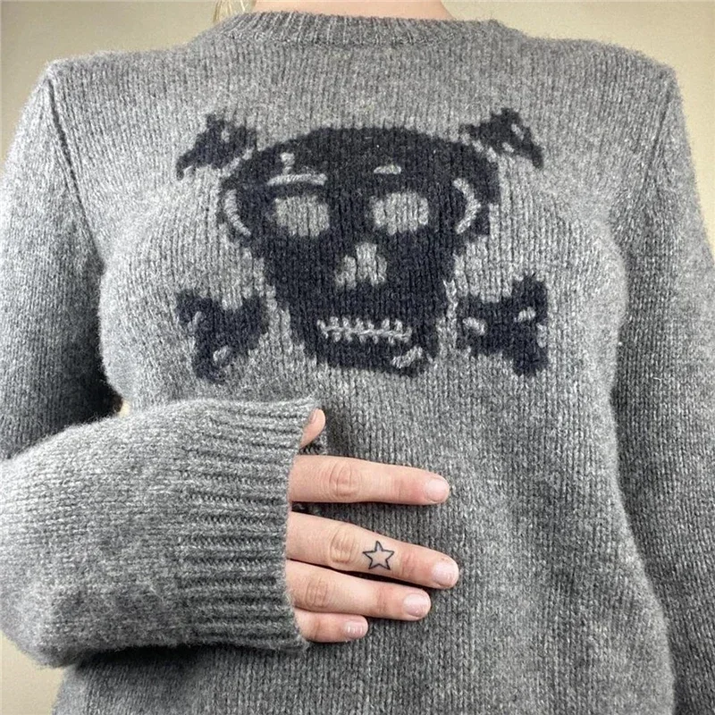 Skull Sweater y2k Aesthetic Fairy Grunge Clothes Women Gray Long Sleeve Crop Top 2000s Punk Gothic Pullover Streetwear