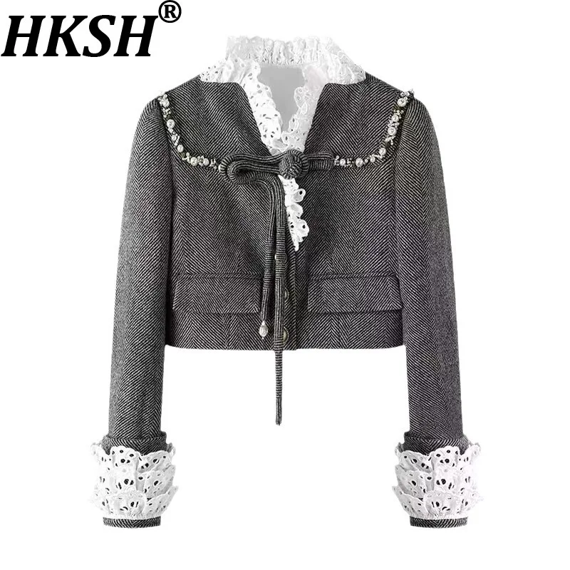 

HKSH Spring Autumn New Women Short Jacket Lace Patchwork Contrast Color Single Brerasted Long Sleeve Elegant Sweet Coats HK13700