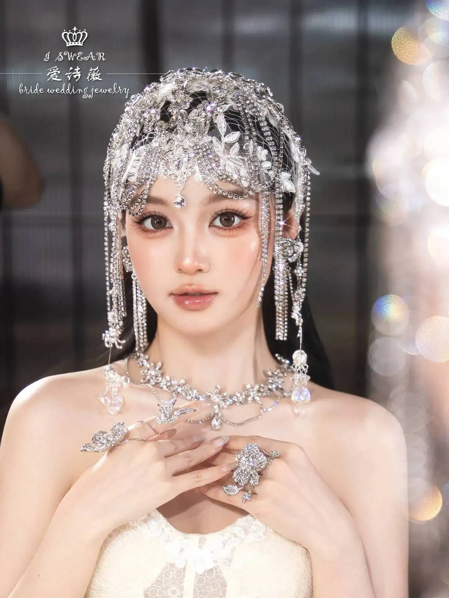 Exquisite Rhinestone Lace High-End Hat Fashion Hair Accessory for Bridal Makeup and Toasting Outfits in Photo Studios