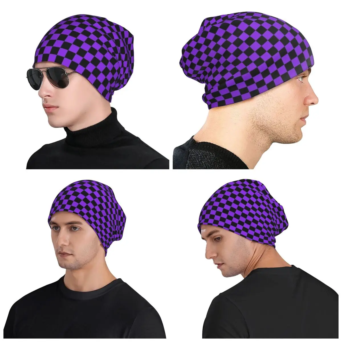 

Proton Purple And Black Checker Board Unisex Adult Beanies Caps Knitted Bonnet Hat Fashion Autumn Winter Outdoor Skullies Hats