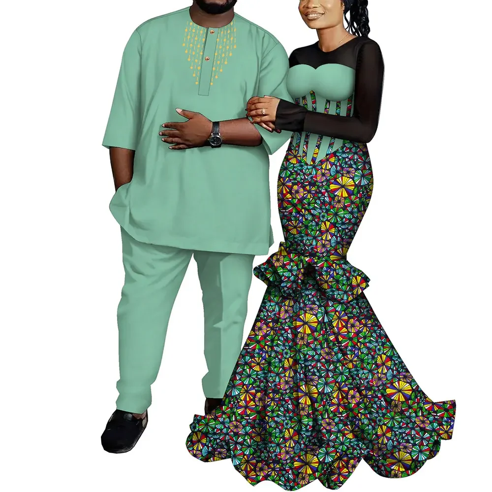 African Couple Clothes 2 Sets Ankara Fashion Women's dress and Dashiki Men  Shirt and Pant WYQ1083