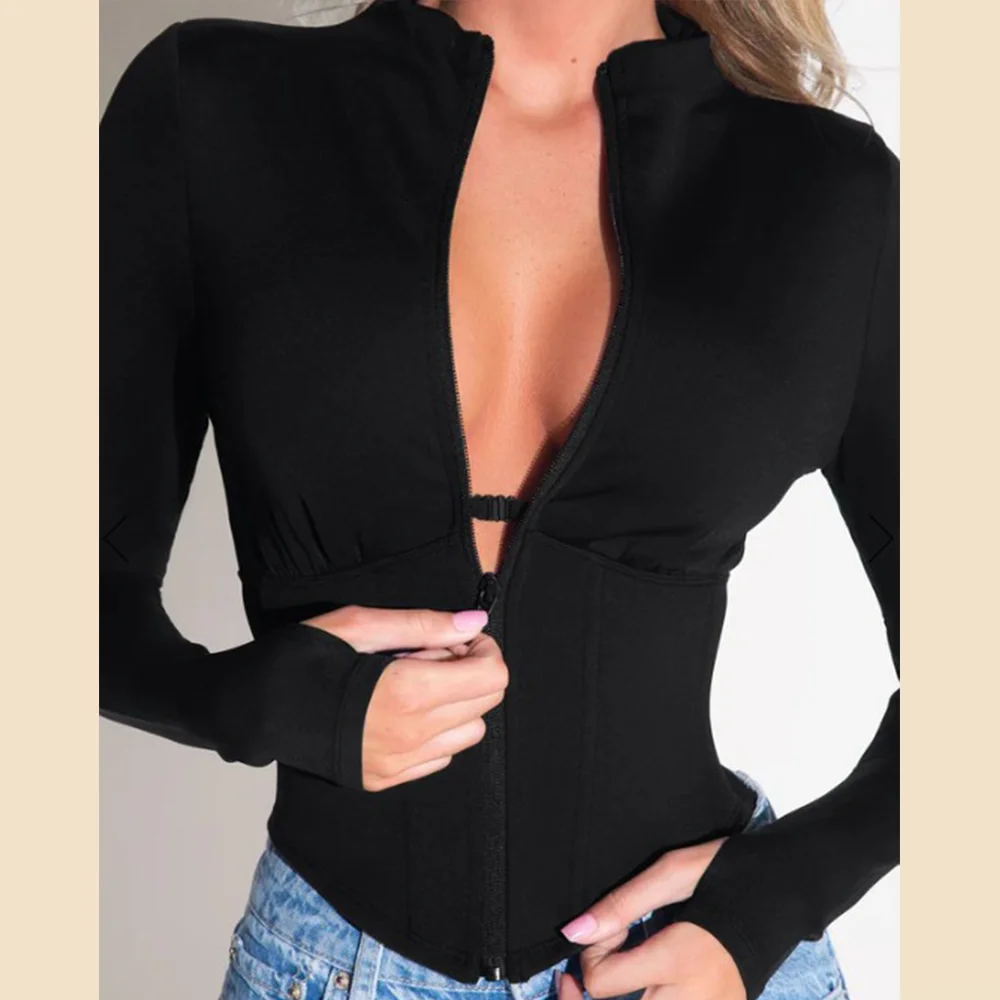 Soft Compression Corset Top Front Zip Long Sleeve Waist Trainer with Lace-Up Back Slimming Tummy Control Faja Everyday Shapewear
