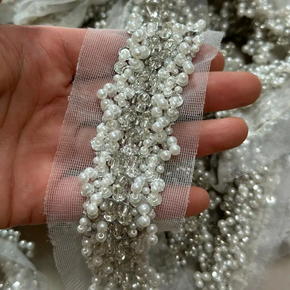 45cm Sequin Beaded Lace Ribbon Garment Sewing Accessories Trimmings For Wedding Dress Collar Cuff DIY Crafts Needlework Applique