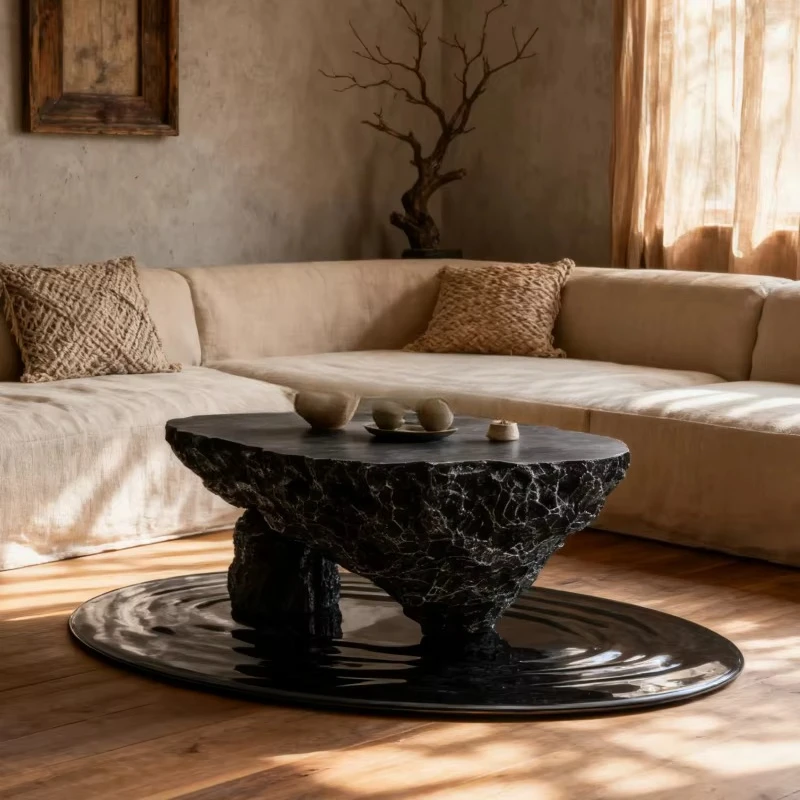 #Creative FRP Coffee Table with Rock - Like Textured Tabletop and a Base Mimicking Water Ripples Modern Artistic Style