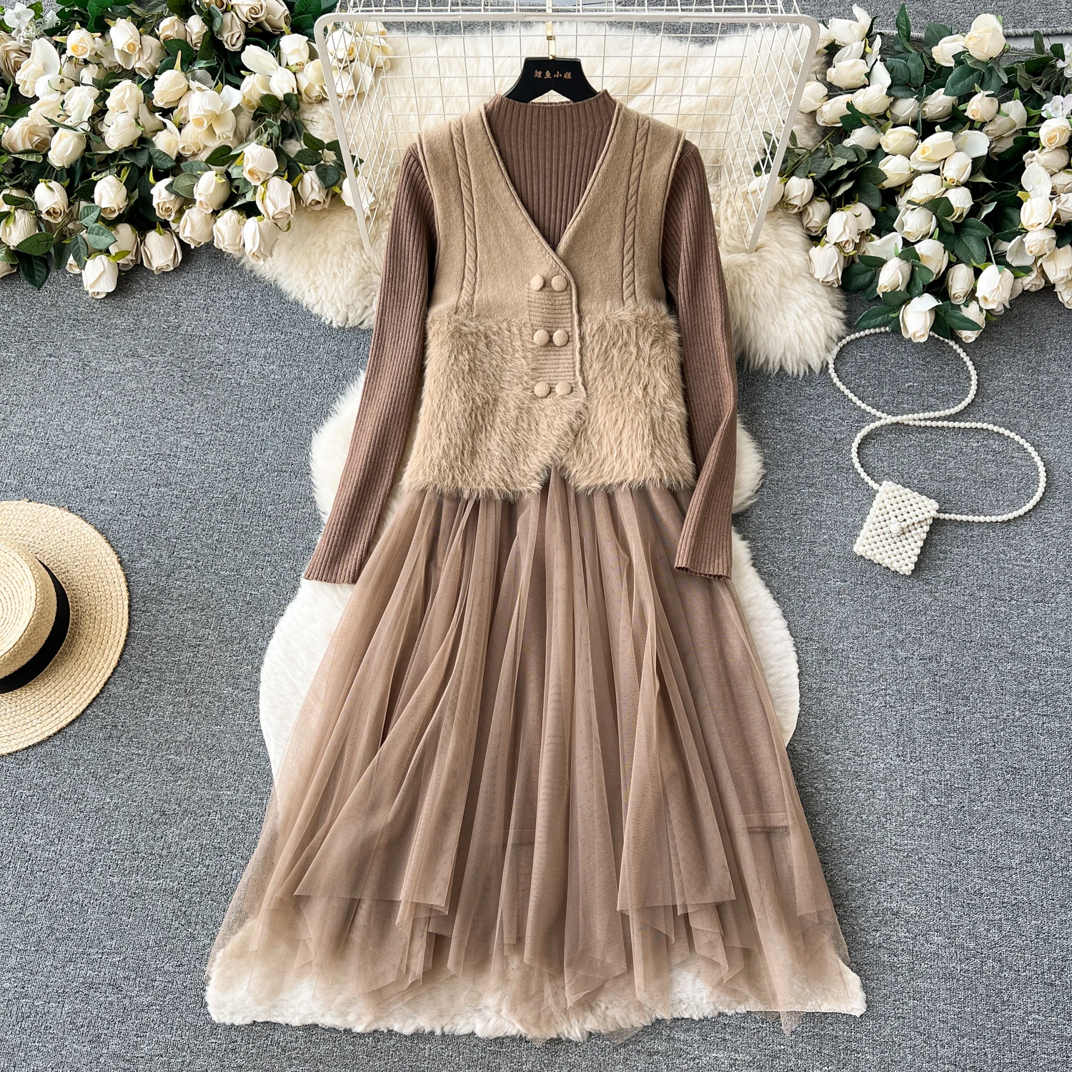 Women Vintage Fashion Knit Two Pieces Skirt Sets Women V Neck Sleeveless Vest with High Waist Mesh Patchwork Knit A-line Dress