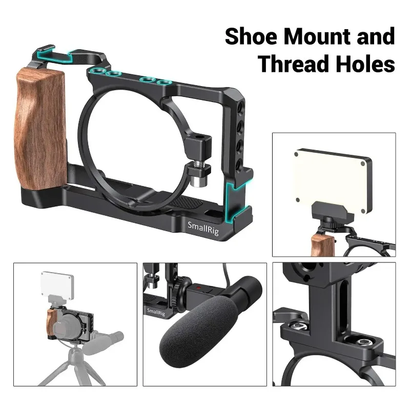 Cage for Sony RX100 VII & RX100 VI Camera Feature w/ Wooden Side Handle Cold Shoe Mount Fr Microphone DIY Options SmallRig 2434