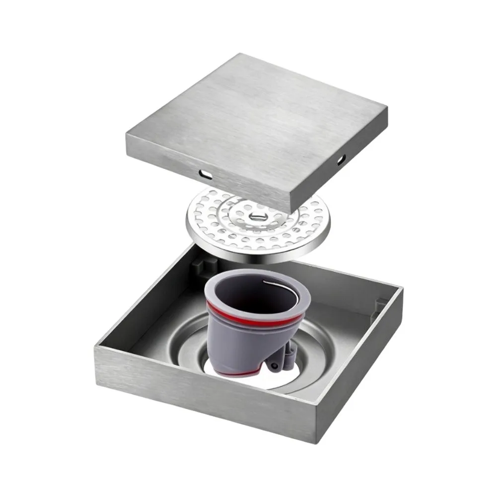 15x15cm Invisible Square Drain Brushed 304 Stainless Steel for Tile Floor Shower Installation Modern Bathroom Drain 110mm Outlet