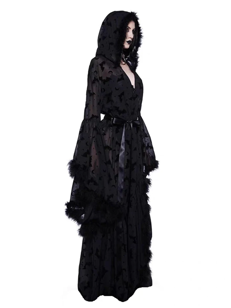 RORORIRI Dark Bat Print Sheer Hooded Long Dress Women Flare Sleeves Stitch Plush Solid Black Maxi Dress Gothic Halloween Clothes