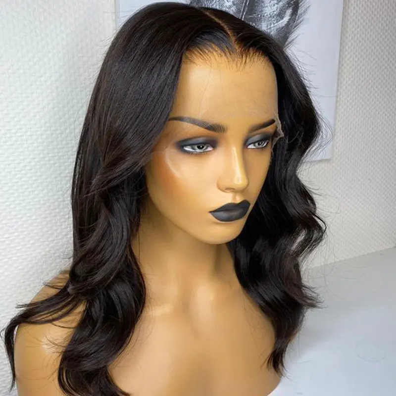 Preto curto onda solta peruca de cabelo sintético perucas dianteiras do laço alta qualidade fibra resistente ao calor parte do meio do cabelo para cosplay feminino