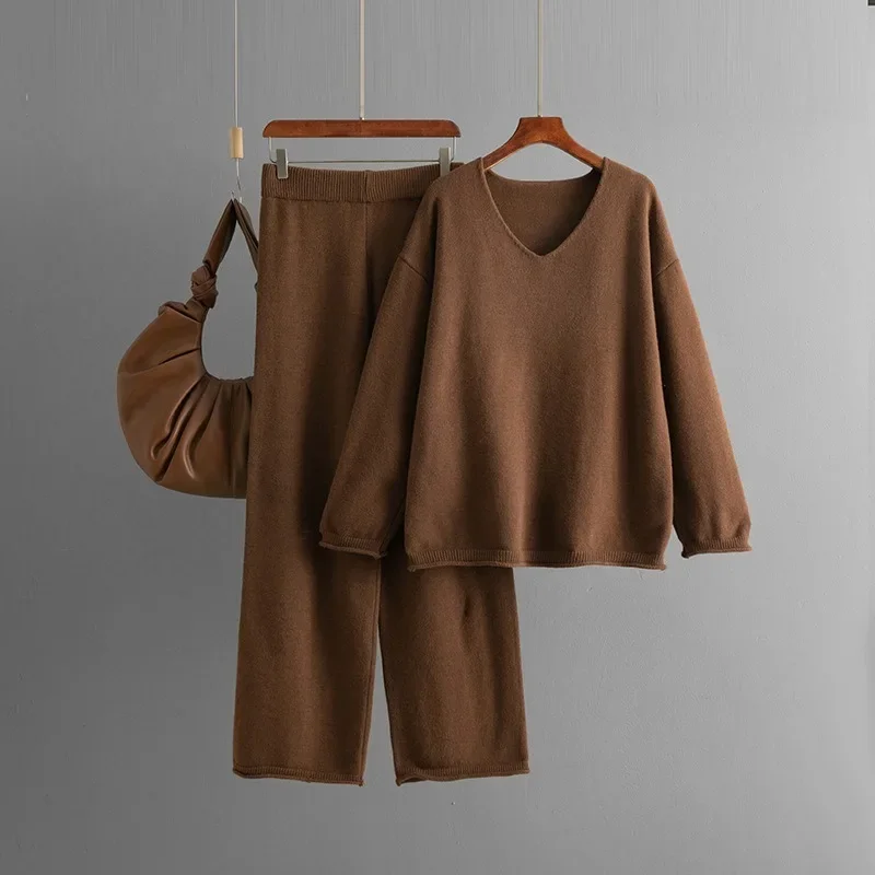 Elegant Solid Color Pants Suit 2024 New Fashion Autumn Winter Loose High Waist Warm Casual V-neck Sweater Women Two-piece Set