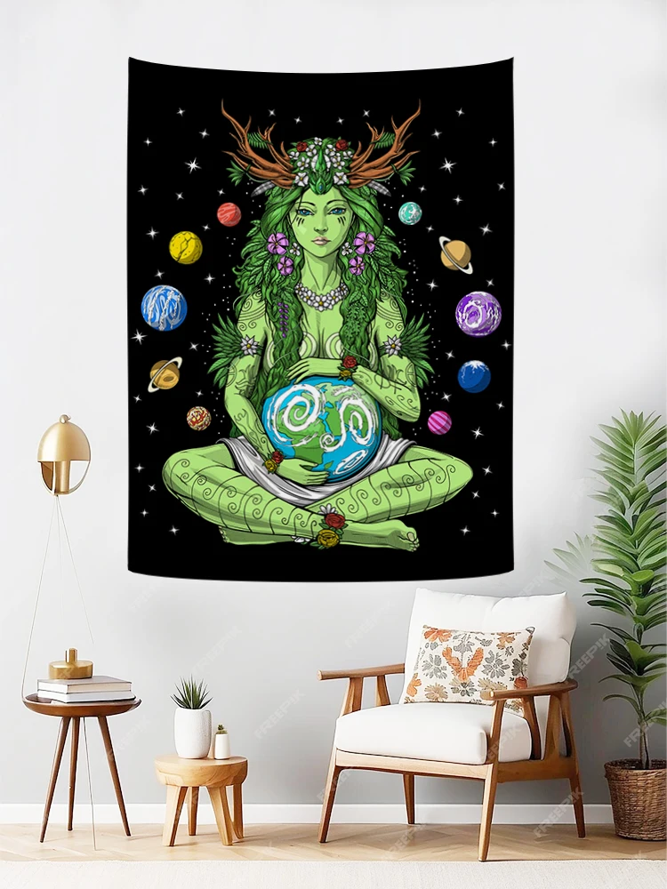 نسيج Gaia Mother Earth للتعليق على الحائط، نسيج فني آلهة الطبيعة، نسيج هيبي روحي لغرفة النوم المنزلية، ديكور النوم