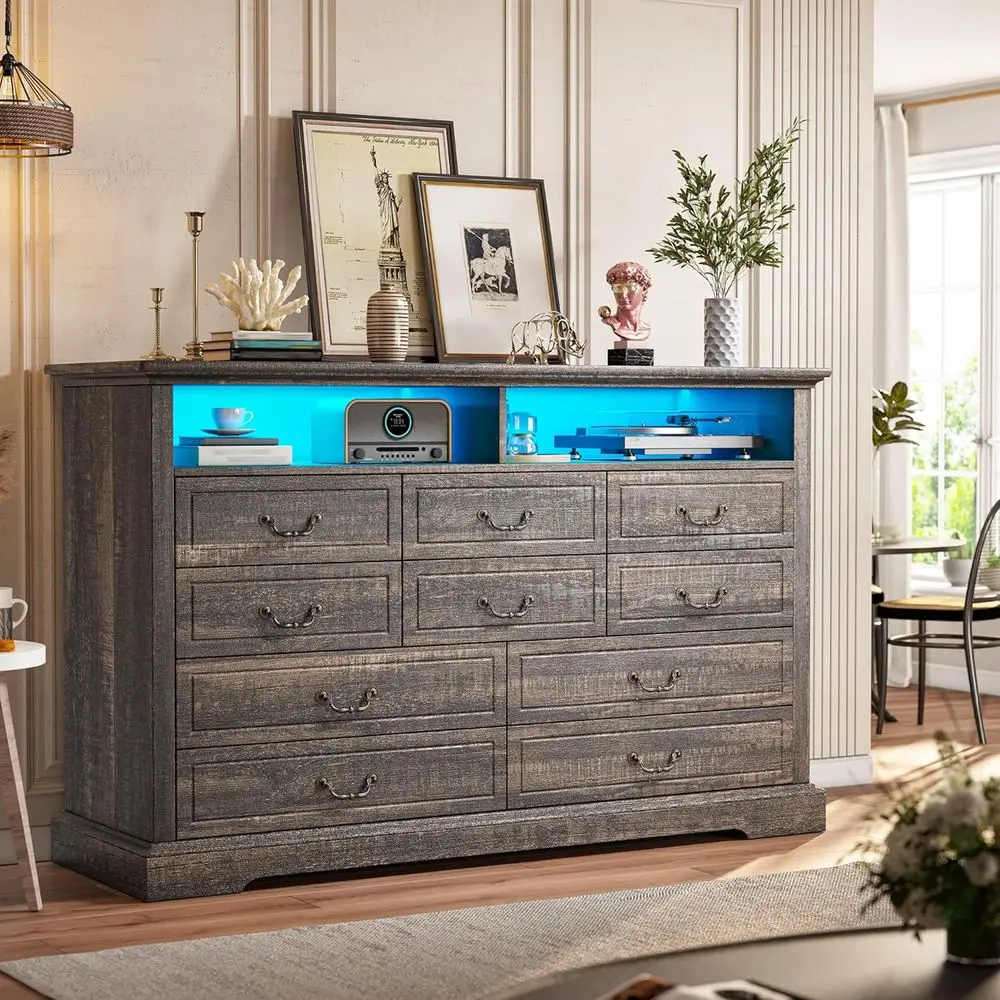

10 Drawer Dresser for Bedroom, Large Dresser with LED Lights & Charging Station for Bedroom, Rustic Oak