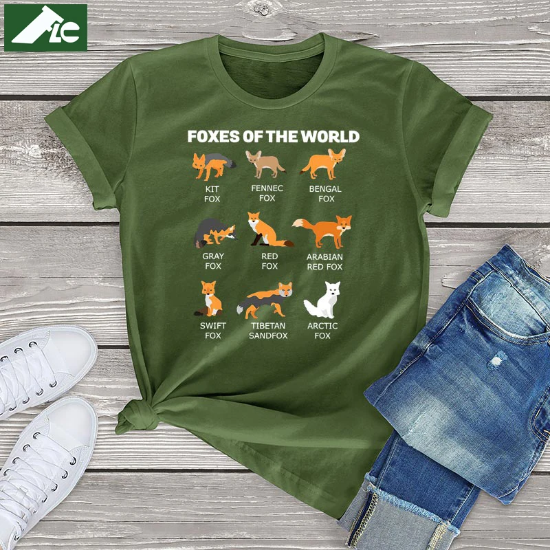 100% Cotton Foxes Of The World Graphic T Shirt Women clothing Foxes Animal Harajuku Womens Shirt Pittie Unisex Fashion Tee Tops