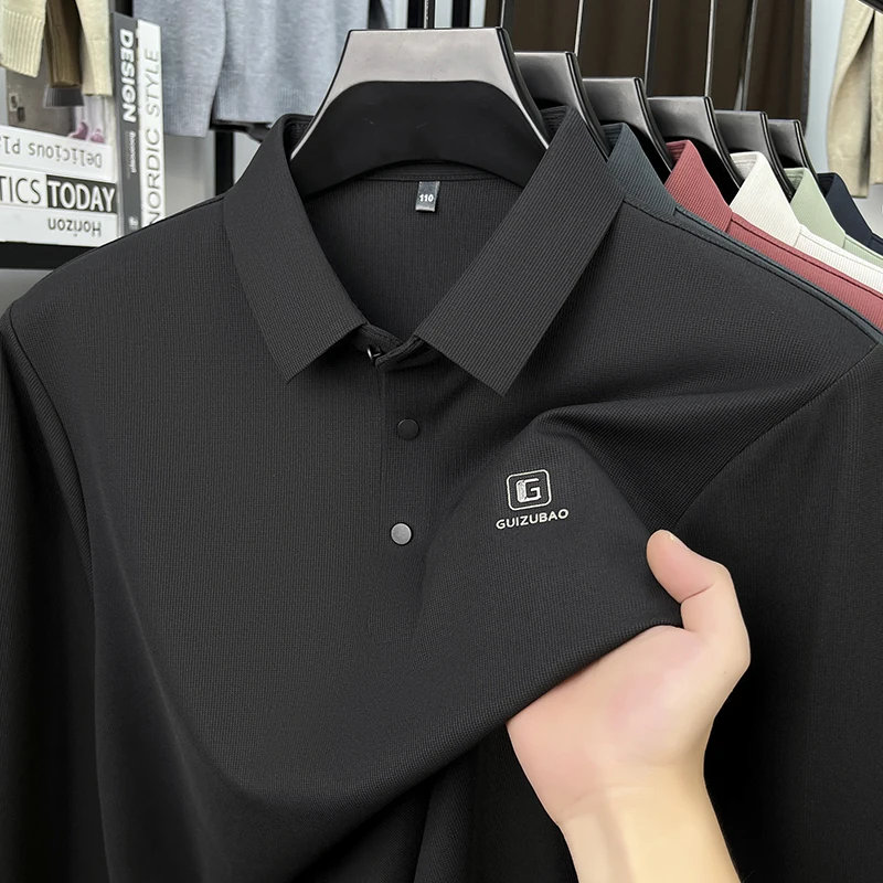 Luxury brand letter embossed long sleeve polo shirt men autumn new fashion silky smooth no trace comfort casual lapel T-shirt