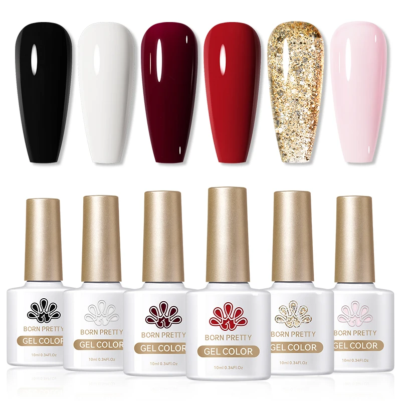 

BORN PRETTY Gel Nail Polish Set of 6 Colors Basic Black White Red 10ml Varnis Semi Permanent Soak Off UV LED Gel Set