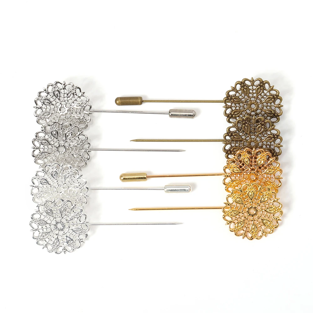5pcs 25mm Copper Filigree Flower Long Brooch Pin For Handmade Diy Women Lapel Pin Jewelry Brooches Accessories Jewelry Findings