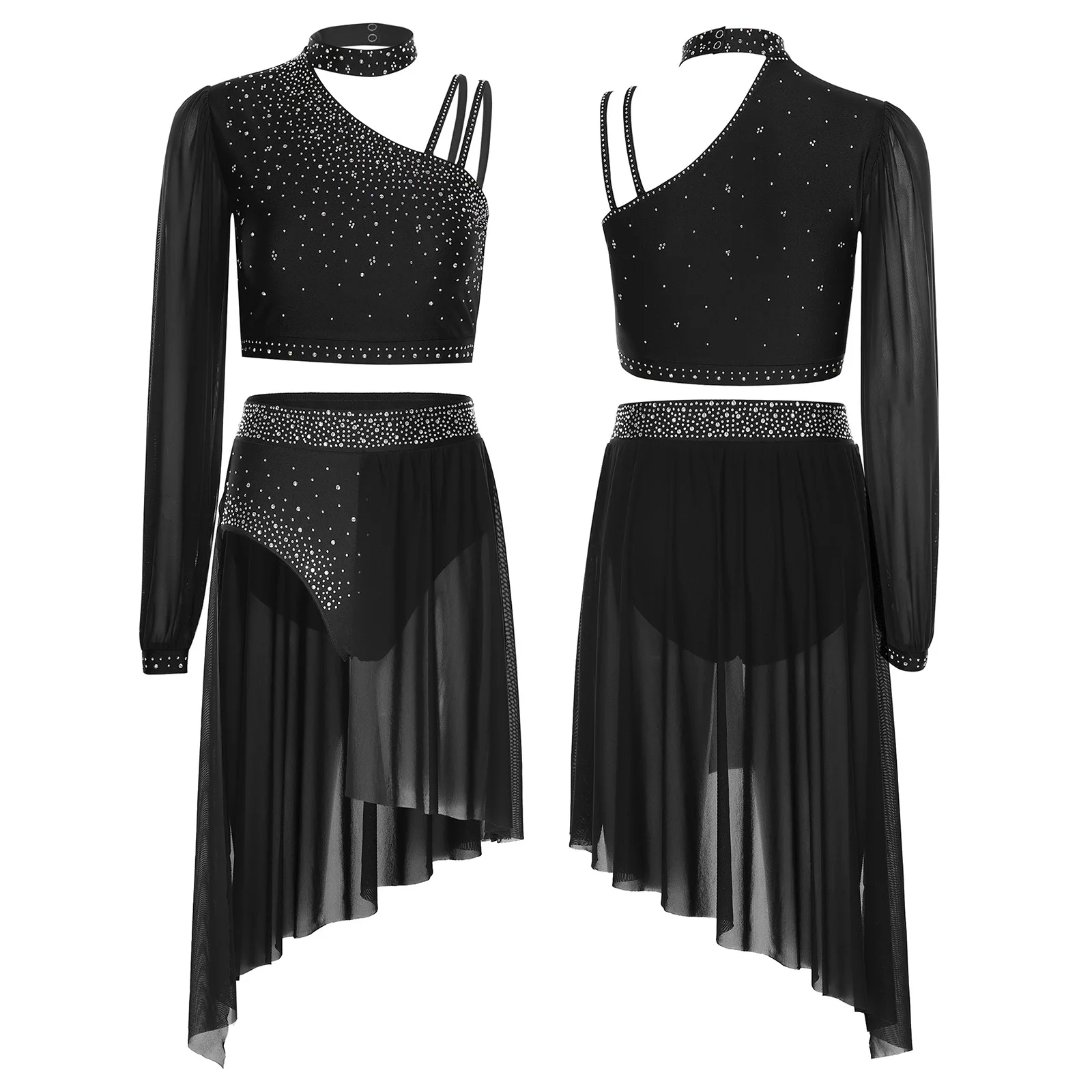 Womens Ballroom Latin Performance Costume Figure Skating Dress 2Pcs/set Crop Top Shorts Skirted Lyrical Modern Dance Outfit