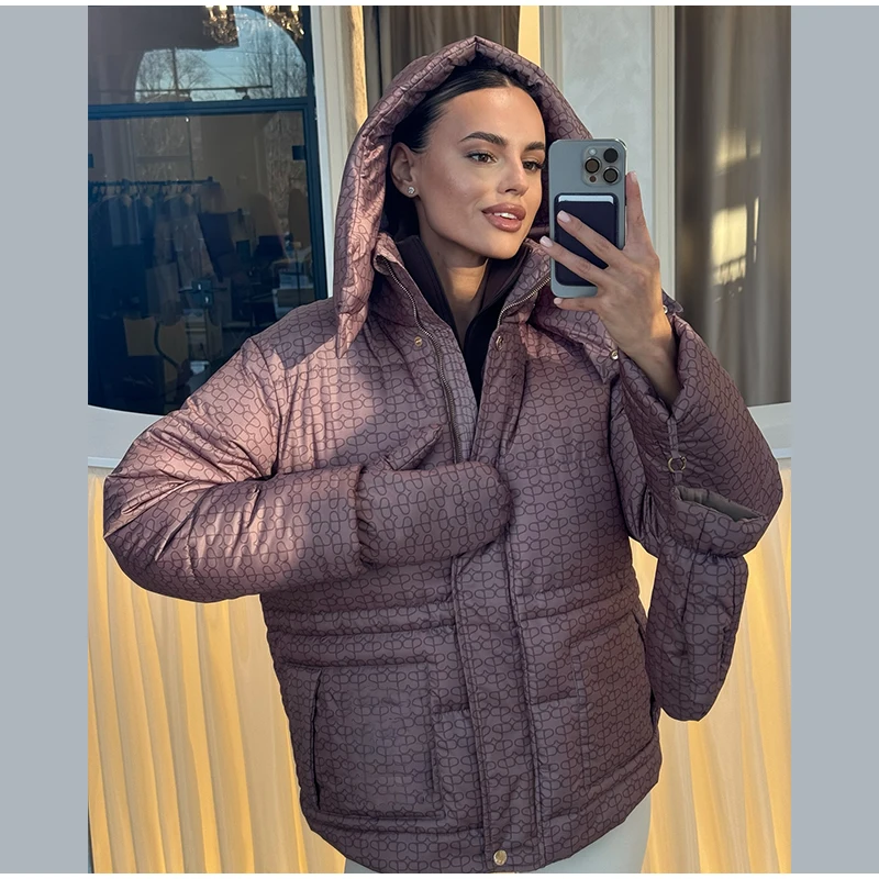 Upgraded Thickened Allover Printed Mid Length Padded Coat Stand Collar Drawstring Waist Windproof 2026 Winter Women Outer Jacket