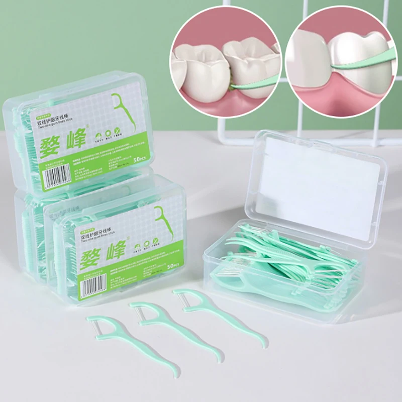 50 Pz Doppia Linea Filo Interdentale Arco Usa E Getta Filo di Plastica Portatile Pulizia Orale Menta Filo Interdentale Aromatizzato Denti Per Adulti Strumenti di Igiene Orale